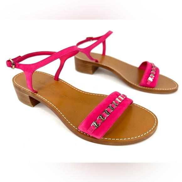 Salvatore Ferragamo Tremiti Gancini Chain Logo Pink Suede Ankle Strap Sandals 7 - Picture 1 of 13